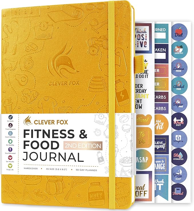 Clever Fox Fitness & Food Journal – Nutrition & Workout Planner for Women & Men – Diet & Gym Exercise Log Book with Calendars, Diet & Training Trackers - Undated, A5 Size, Hardcover (Amber Yellow)