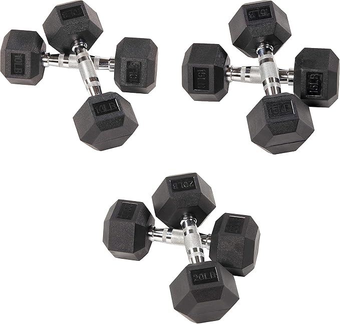 Signature Fitness Rubber Encased Hex Dumbbell 10, 15, 15, 20LB 20LB Pairs