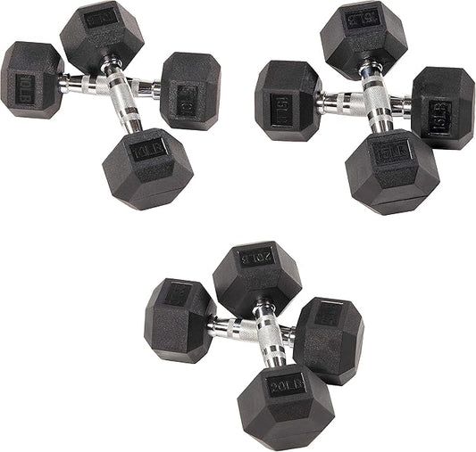 Signature Fitness Rubber Encased Hex Dumbbell, Set Including 10, 15, 20LB Pairs