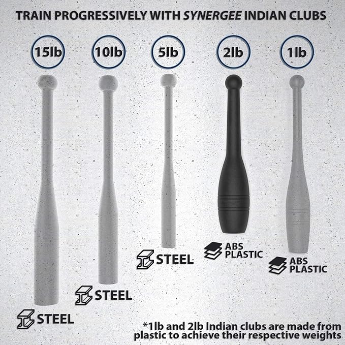 Synergee Indian Clubs 1lb, 2lb, 5lb, 10lb & 15lb. Power Clubs - Exercise Weight Club Bells - Grip and Forearm Strength Trainer - Sold in Pairs