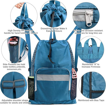 BeeGreen Gym Bag Drawstring Backpack With Zipper Pocket Swim Bag for Men Women Swimmers Sports Bag for Beach Pool Workout Gifts With 2 Mesh Pockets Cinch Bag Lake Blue