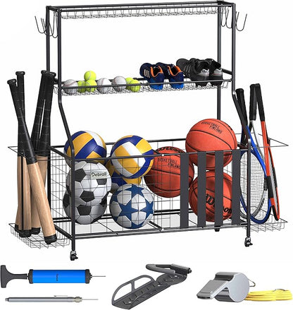 Sport Equipment Storage – Ball and Accessories Rolling Organizer, Storage Cart with Hooks and Baskets, for Indoors and Outdoors, Bicycle Rack