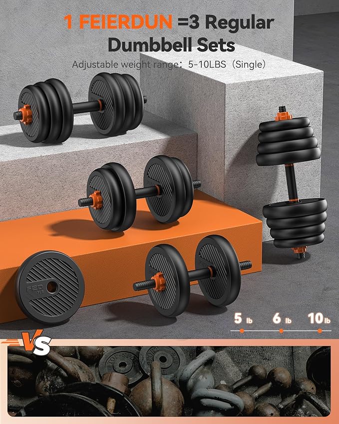 FEIERDUN Adjustable Dumbbells, 20/30/40/50/60/70/90lbs Free Weight Set with Connector, 4 in1 Dumbbells Set Used as Barbell, Kettlebells, Push up Stand, Fitness Exercises for Home Gym Suitable Men/Women