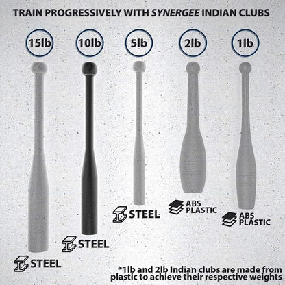 Synergee Indian Clubs 1lb, 2lb, 5lb, 10lb & 15lb. Power Clubs - Exercise Weight Club Bells - Grip and Forearm Strength Trainer - Sold in Pairs