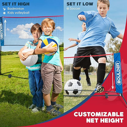 Boulder Badminton Pickleball Net - Adjustable Portable Net for Junior Tennis, Kids Volleyball & Soccer, and Backyard Games - Easy Setup Nylon Sports Net with Poles 10 ft/14ft/17ft/22ft Wide