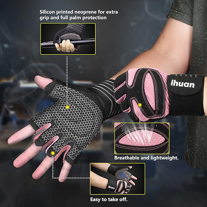 ihuan Ventilated Weight Lifting Gym Workout Gloves with Wrist Wrap Support for Men & Women, Full Palm Protection, for Weightlifting, Training, Fitness, Hanging, Pull ups