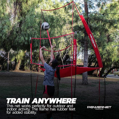 PowerNet Volleyball Practice Net Station, 8 ft Wide by 11 ft High, Ball Return, Great for Hitting and Serving Drills, Perfect for Team or Solo Training, Three Minute Setup, Bow Style Frame