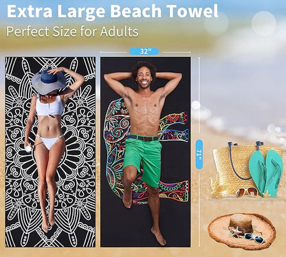 2 Pack Lightweight Thin Beach Towel Oversized 71"x32" Big Extra Large Microfiber Sand Free Towels for Adult Quick Dry Travel Camping Beach Accessories Vacation Essential Gift Black Mandala Elephant