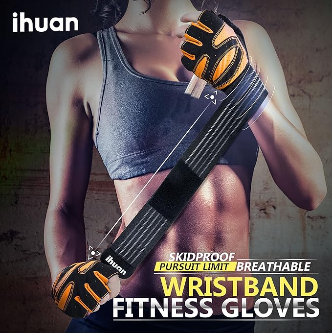 ihuan Ventilated Weight Lifting Gym Workout Gloves with Wrist Wrap Support for Men & Women, Full Palm Protection, for Weightlifting, Training, Fitness, Hanging, Pull ups