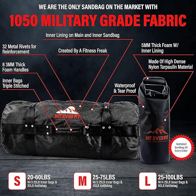 Sandbag Workout Bag & Sandbag Kettlebell Set - Heavy Duty Functional Triple Stitched Fitness Sandbags Made from 1050 Cordura with 8 Thick Foam Padded Handles & 3 Inner Bags