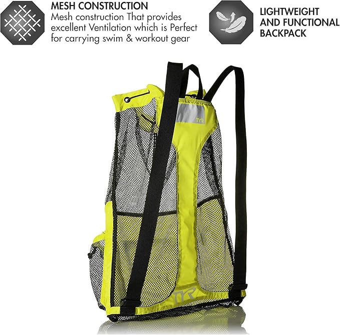 TYR Big Mesh Mummy Backpack for Wet Swimming, Gym, and Workout Gear, Yellow