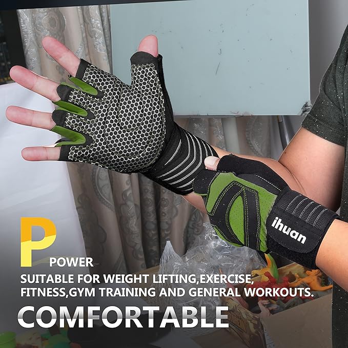 ihuan Ventilated Weight Lifting Gym Workout Gloves with Wrist Wrap Support for Men & Women, Full Palm Protection, for Weightlifting, Training, Fitness, Hanging, Pull ups