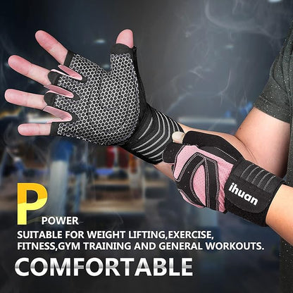 ihuan Ventilated Weight Lifting Gym Workout Gloves with Wrist Wrap Support for Men & Women, Full Palm Protection, for Weightlifting, Training, Fitness, Hanging, Pull ups