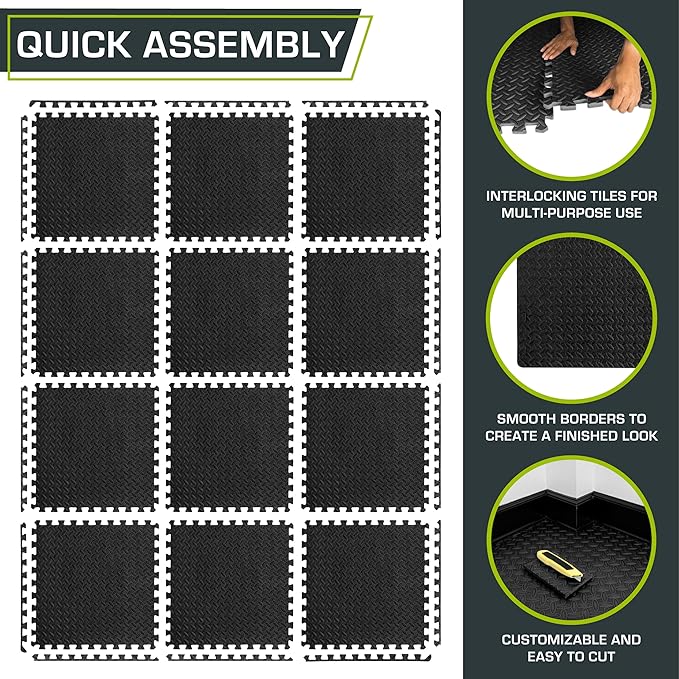 ProsourceFit Puzzle Exercise Mat ½ in, EVA Interlocking Foam Floor Tiles for Home Gym, Mat for Home Workout Equipment, Floor Padding for Kids, Black, 24 in x 24 in x ½ in, 144 Sq Ft - 36 Tiles