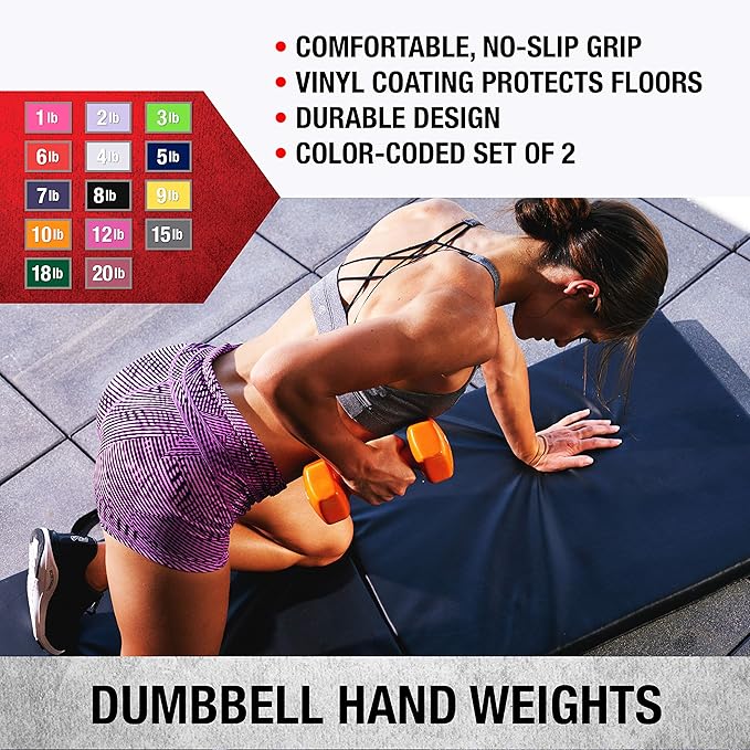 Dumbbells Hand Weights Set of 2 - Vinyl Coated Exercise & Fitness Dumbbell for Home Gym Equipment Workouts Strength Training Free Weights for Women, Men (1-10 Pound, 12, 15, 18, 20 lb)