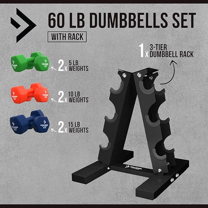 Neoprene Workout Dumbbells Weights - Non Slip, Anti Roll Exercise & Fitness Dumbbells Combo With Rack - Hex Shaped Hand weights for Men & Women - Ideal for Home and Gyms training