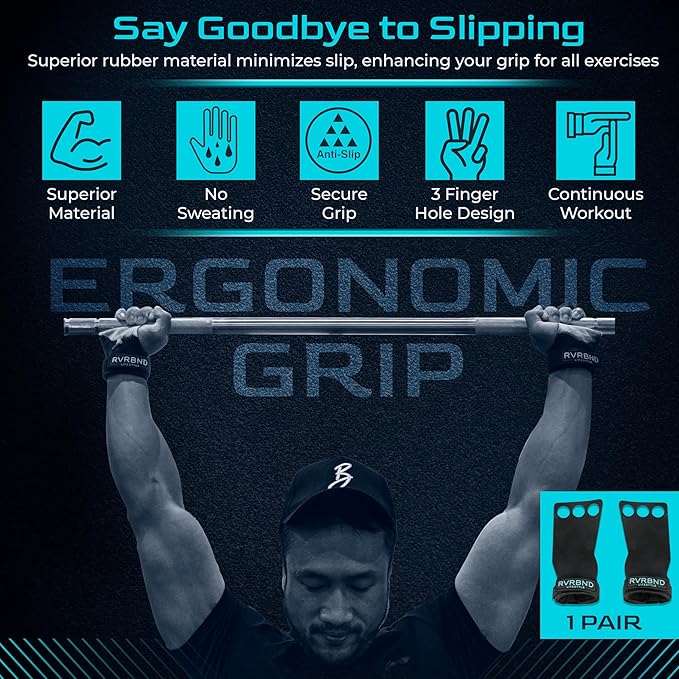 3 Hole Rubber Carbon Hand Grips for Crossfit, Gymnastics, Lifting, Pull Up with Velcro Wrist Strap & Foam Pad, Smooth Hand Protection for Blisters, Workout Grip for Men & Women