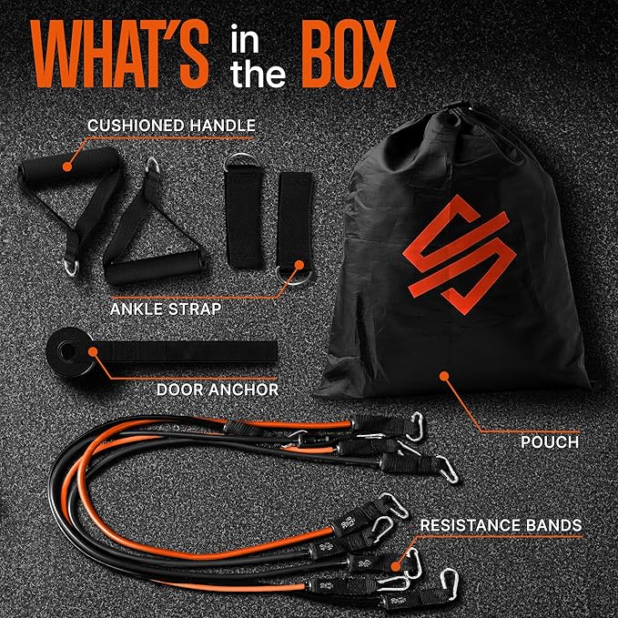 SQUATZ Resistance Bands with 5 Fitness Workout Bands, Adjustable Tension Exercise Bands with Door Anchor, Handles, Carry Bag, Ankle Straps for Resistance Training, Physical Therapy, and Home Workouts