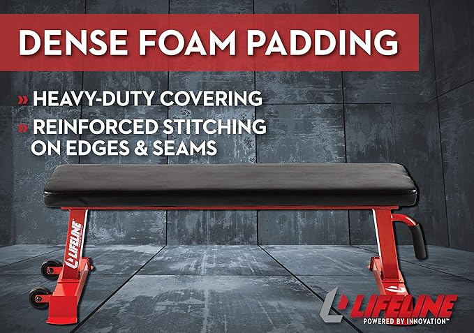 Lifeline Flat Weight Bench Heavy Duty 11-Gauge Steel with Transport Wheels and Handle for Home Gym Workouts