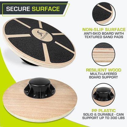 ProSource Wooden Balance Board Non-Slip Wobble Core Trainer 15.75in (39.5cm) Diameter with 360 Rotation for Stability Training, Full Body Exercises, Physical Therapy