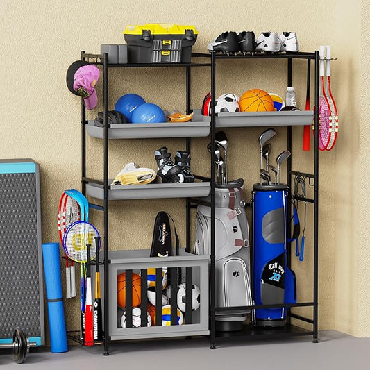 Garage Sports Equipment Organizer, Large Sports Storage Rack Fits 2 Golf Bags and Other Sports Equipment, Sports Ball Gear Storage Stand with Oxford Baskets and Hooks for Indoor, , Black