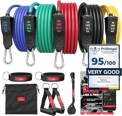 Resistance Bands Set with Handles, Door Anchor, Ankle Straps + Exercise Ebook, 5 Long Latex Tubes Premium Heavy Duty Expander Cords, Full Body Butt Leg Fitness Workout Women, Powerlifting Training Men