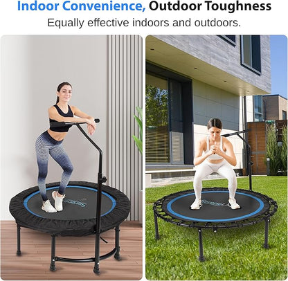 SereneLife 40"/48" Foldable Mini Trampoline - Compact Fitness Trampoline for Kids Adults, Exercise Bungee Rebounder with Adjustable Foam Handle, Indoor/Garden Workout Equipment, Max Load 264 lbs