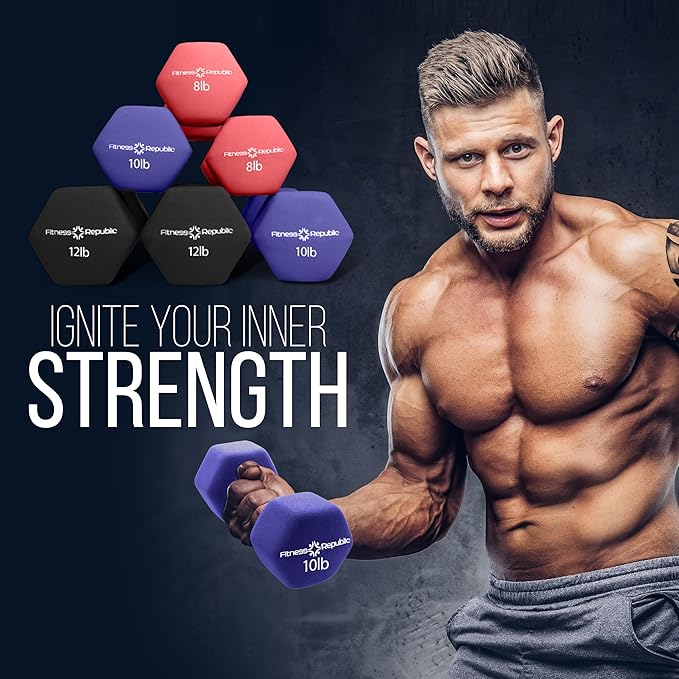 Neoprene Workout Dumbbell Set - Non Slip, Anti Roll Exercise & Fitness Dumbbells Combo - Hex Shaped Hand weights for Men & Women - Ideal for Home Gyms training