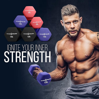 Neoprene Workout Dumbbell Set - Non Slip, Anti Roll Exercise & Fitness Dumbbells Combo - Hex Shaped Hand weights for Men & Women - Ideal for Home Gyms training