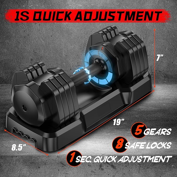 Single Adjustable Dumbbell 55LB, YSSOA Weights Dumbbells Set 15~55lb Increment with Tray and Anti-Slip Handle for Men Women Full Body Workout Exercise & Fitness Strength Training Home Gym