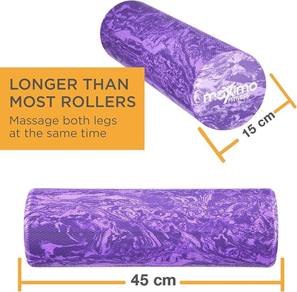 Maximo Fitness Foam Roller - 18" x 6" High Density Exercise Roller for Trigger Point Self Massage, Muscle and Back Roller for Fitness, Physical Therapy, Yoga and Pilates, Gym Equipment, Purple/White