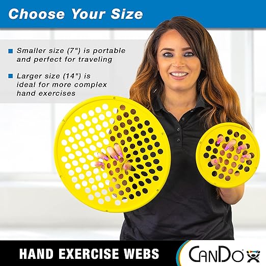 CanDo Hand Exercise Webs for Physical Therapy, Grip Strengthening, and Hand, Finger, Wrist Resistance Workouts, Portable Size, Low Powder, 14" Diameter, Yellow: X-Light