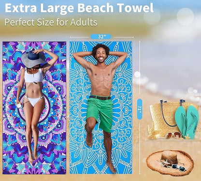 4 Pack Lightweight Thin Beach Towel Oversized 71"x32" Big Extra Large Microfiber Sand Free Towels for Adult Quick Dry Travel Camping Beach Accessories Vacation Gift Blue Turtles Tie Dye Mandala