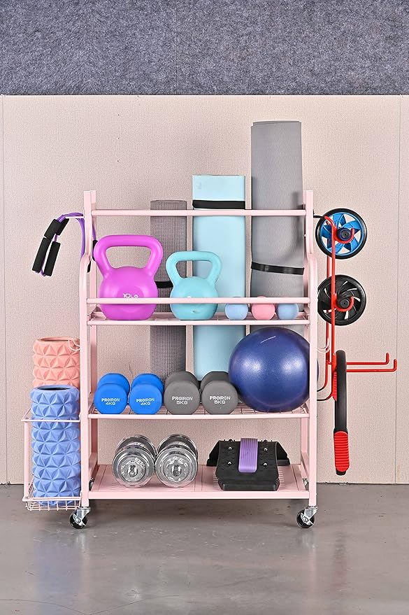 Mythinglogic Yoga Mat Storage Racks,Home Gym Storage Rack for Dumbbells Kettlebells Foam Roller, Yoga Strap and Resistance Bands, Workout Equipment Storage Organizer With Hooks and Wheels