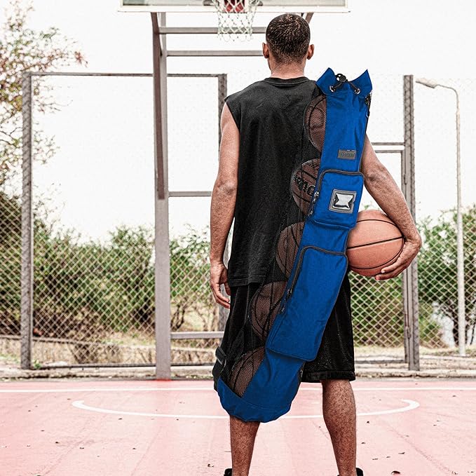 Fitdom Heavy Duty XL Basketball Mesh Equipment Ball Bag w/Shoulder Strap Design for Coach with 2 Front Pockets for Coaching & Sport Accessories. This Team Tube Carrier Can Store Up to 5 Basketballs