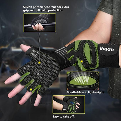 ihuan Ventilated Weight Lifting Gym Workout Gloves with Wrist Wrap Support for Men & Women, Full Palm Protection, for Weightlifting, Training, Fitness, Hanging, Pull ups