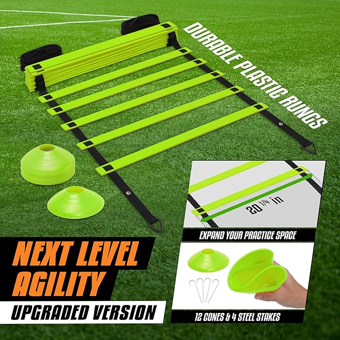 Yes4All Speed Training Equipment Set: 15ft Agility Ladder 5 Agility 12 Disc