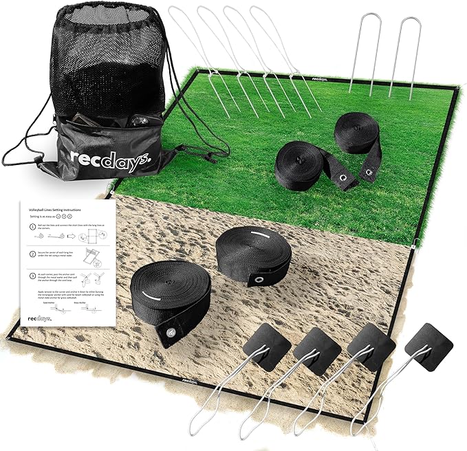 Recdays Volleyball Lines: Premium 2-in-1 Grass Volleyball & Beach Volleyball Lines, 2" Volleyball Court Lines with Anchors & Stakes, Durable Drawstring Mesh Bag, AVP Official Court Size 26’3” x 52’6”