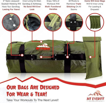 Sandbag Workout Bag & Sandbag Kettlebell Set - Heavy Duty Functional Triple Stitched Fitness Sandbags Made from 1050 Cordura with 8 Thick Foam Padded Handles & 3 Inner Bags