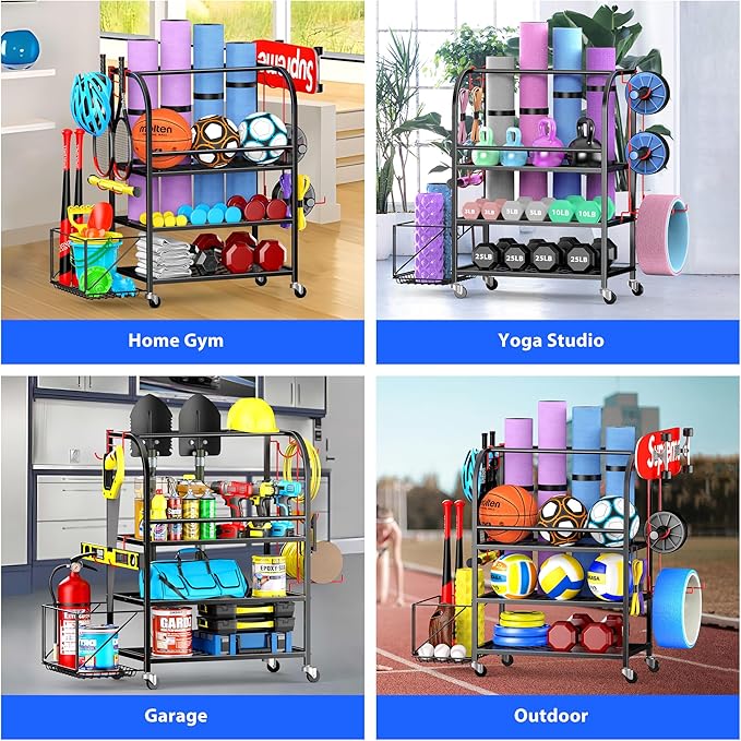 Dumbbell Rack Weight Rack for Home Gym with Wheels and Hooks Sports Equipment Organizer for Garage Yoga Mat Holder Fitness Equipments Storage