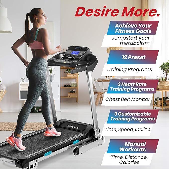 SereneLife Smart Electric Folding Treadmill – Easy Assembly Fitness Motorized Running Jogging Exercise Machine with Manual Incline Adjustment, 12 Preset Programs