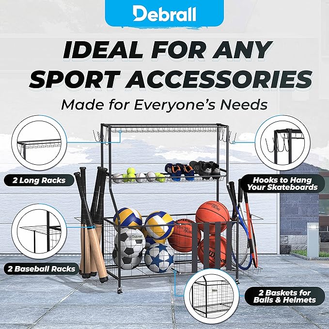 Sport Equipment Storage – Ball and Accessories Rolling Organizer, Storage Cart with Hooks and Baskets, for Indoors and Outdoors, Bicycle Rack