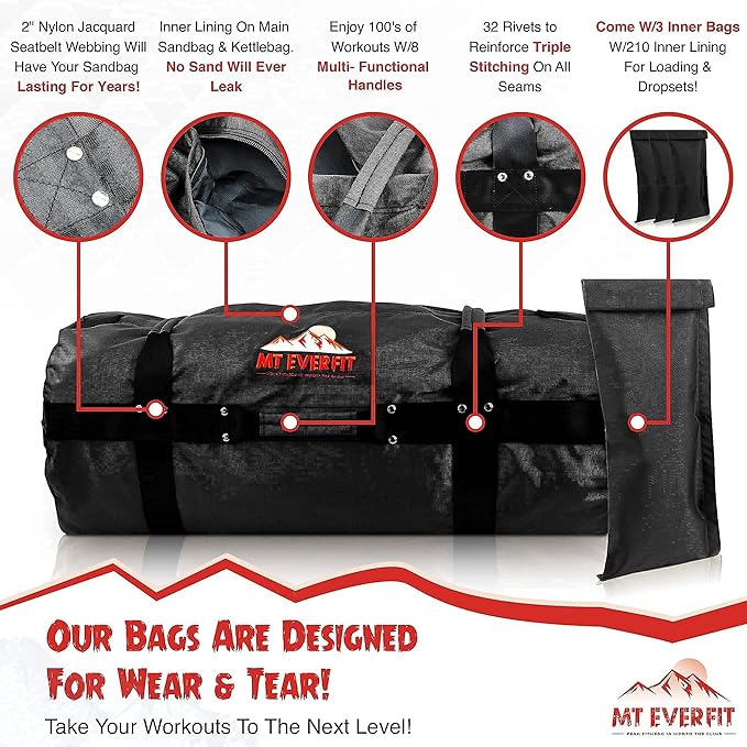 Sandbag Workout Bag & Sandbag Kettlebell Set - Heavy Duty Functional Triple Stitched Fitness Sandbags Made from 1050 Cordura with 8 Thick Foam Padded Handles & 3 Inner Bags