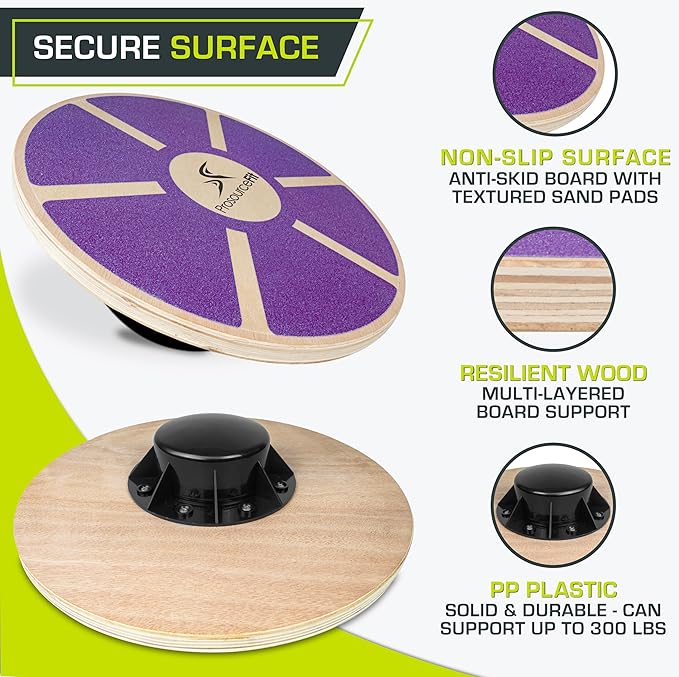 ProsourceFit Wooden Balance Board Non-Slip Wobble Core Trainer 15.75in (39.5cm) Diameter with 360 Rotation for Stability Training, Full Body Exercises, Physical Therapy