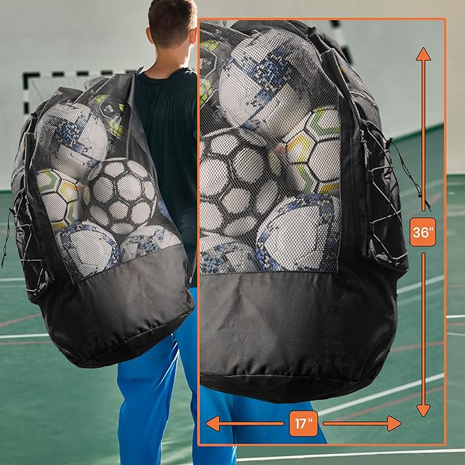 Fitdom Heavy Duty XL Soccer Mesh Equipment Ball Bag w/Adjustable Shoulder Strap Design for Coach. 2 Front Pockets for Sporting Accessories. Best for All Outdoor & Water Gears