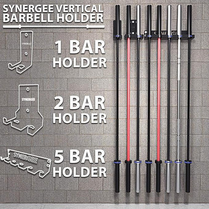 Synergee 1, 2 or 5 Barbell Holder. Vertical Hanging Barbell Rack. Holds Bars, Curl Bars, Hex Bars, Tricep Bars. Excellent Compact, Vertical Storage. Organization for Home, Commercial, Garage Gyms.