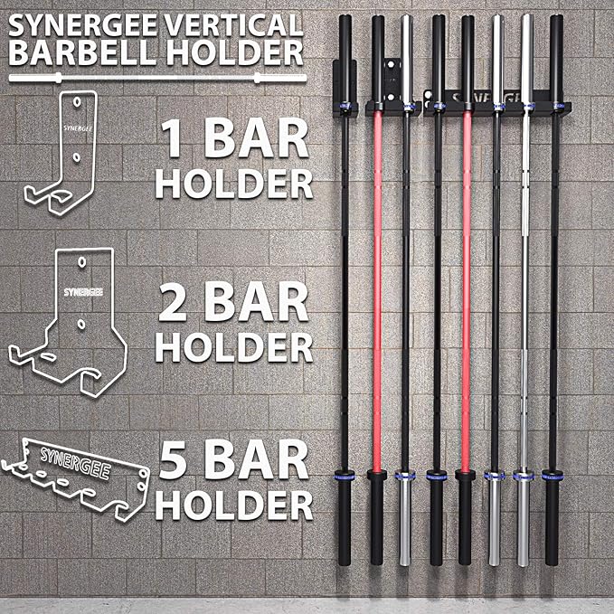 Synergee 1, 2 or 5 Barbell Holder. Vertical Hanging Barbell Rack. Holds Bars, Curl Bars, Hex Bars, Tricep Bars. Excellent Compact, Vertical Storage. Organization for Home, Commercial, Garage Gyms.