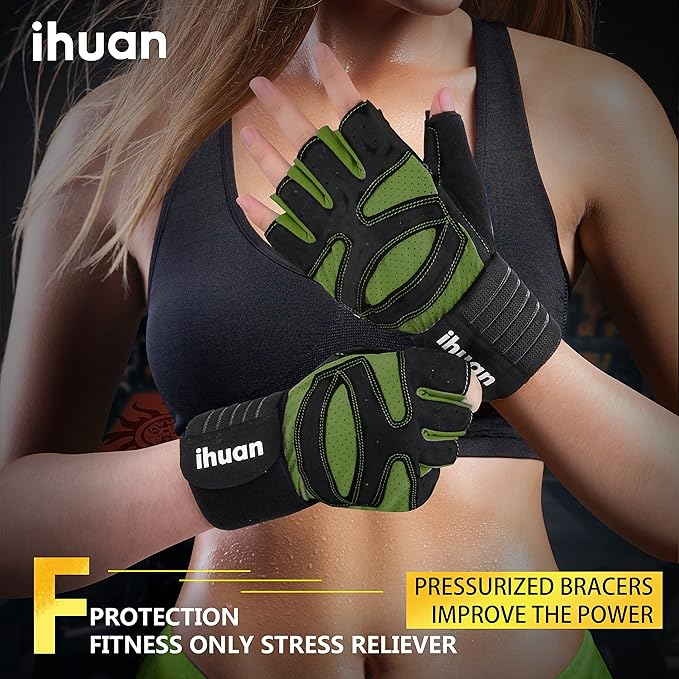 ihuan Ventilated Weight Lifting Gym Workout Gloves with Wrist Wrap Support for Men & Women, Full Palm Protection, for Weightlifting, Training, Fitness, Hanging, Pull ups