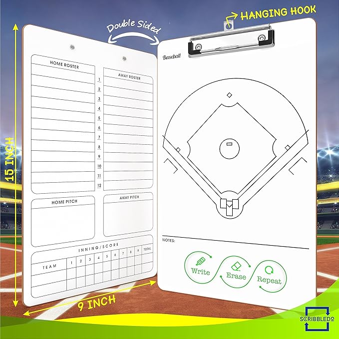 Scribbledo Baseball Dry Erase Board for Coaches 15x9 Inch Double Sided Baseball Lineup Board Whiteboard Coaching Accessories Equipment Softball Accessories The Baseball Score Keeping Book