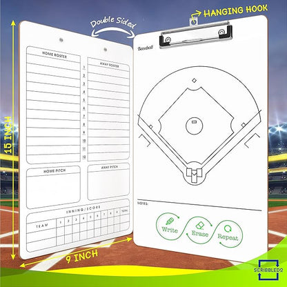 Scribbledo Baseball Dry Erase Board for Coaches 15x9 Inch Double Sided Baseball Lineup Board Whiteboard Coaching Accessories Equipment Softball Accessories The Baseball Score Keeping Book